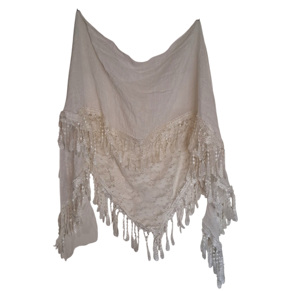 Chic Lace Fringe Trim Shawl Scarf White Cream Boho Festival Coverup
